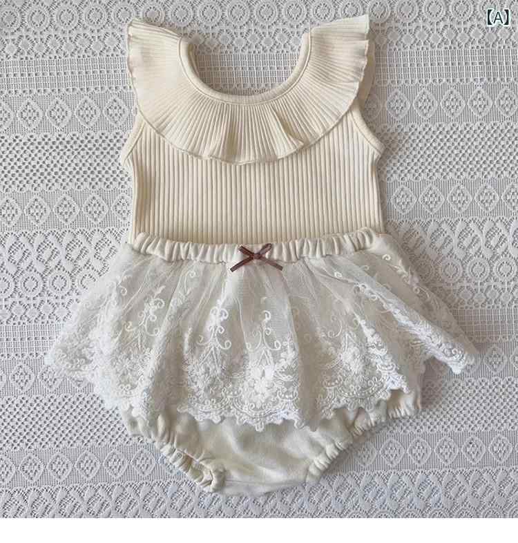 Overalls - ベビー 女の子 夏 トップス 短パン セット かわいい 荷葉エリ ノースリーブ 背心 フレア レース 切り替え 大きめおむつカバー ショートパンツ 綿 柔らかい 薄手 ミルクイエロー ミルクホワイト 純色 セットアップ 普段使い 通園 ベビー服