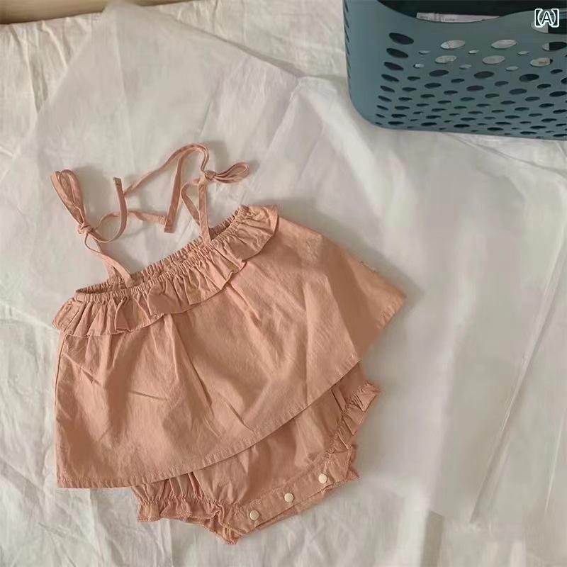 ベビー 女の子 吊りトップス 大きめショートパンツ 綿 薄手 無袖 夏 外出着 柔らか素材 純色 米白 橙色 ブルー 1-3歳 80-100cm かわいいカジュアル セットアップ 吸湿速乾 通気性 普段使い ベビー服 トップス ショーツ 組み合わせ 軽量