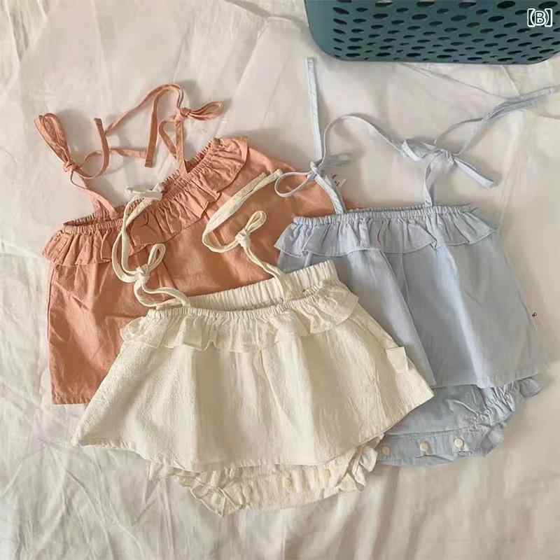 narukiのベビー 女の子 吊りトップス 大きめショートパンツ 綿 薄手 無袖 夏 外出着 柔らか素材 純色 米白 橙色 ブルー 1-3歳 80-100cm かわいいカジュアル セットアップ 吸湿速乾 通気性 普段使い ベビー服 トップス ショーツ 組み合わせ 軽量｜アングル2