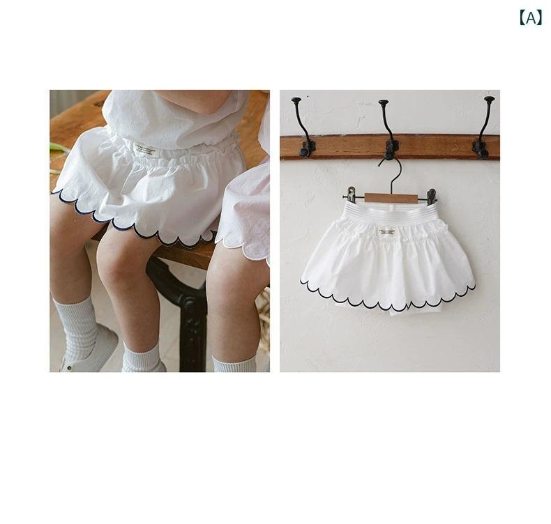 Overalls - 女の子 スカート 半裙 プリンセススカート 女児 夏 薄手コットン 綿100 かわいい 花辺 甘め 純色 柔らか素材 軽量 通気性 ホワイト ブルー ピンク ベビー 赤ちゃん服 キッズ 普段使い プリーツスカート フレアスカート