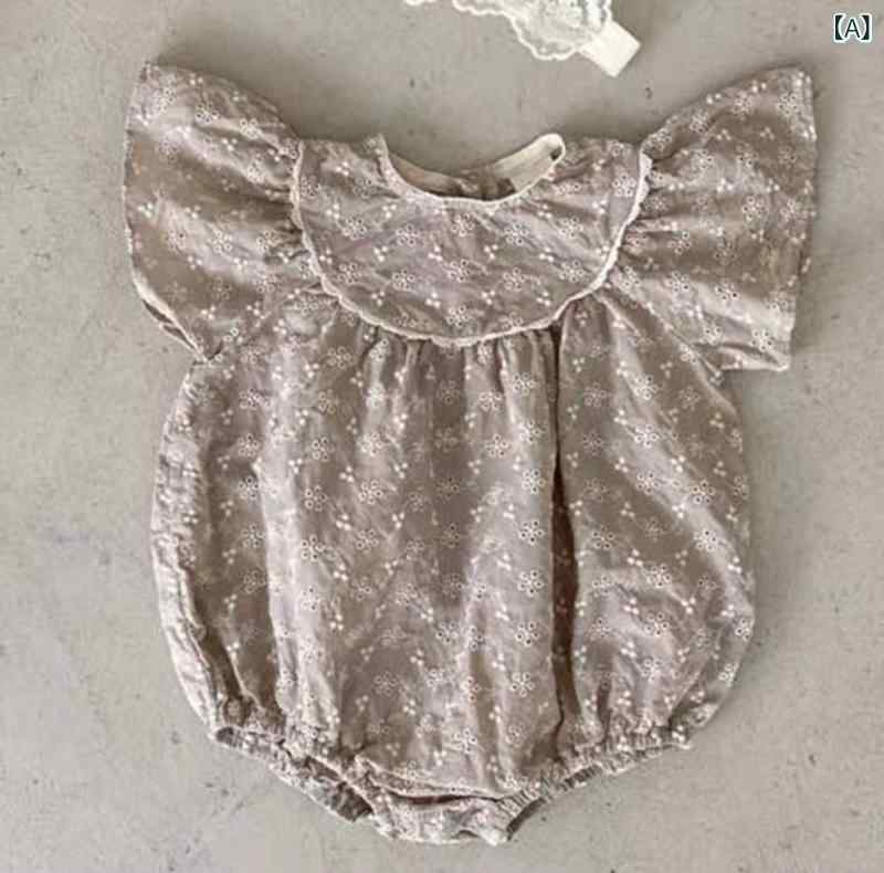 ベビー 女の子 爬服 連体服 トップス 短袖 薄手 綿 夏 かわいい 甘め プリンセス 韓国風 翻領 切り抜き ハーネス 柄 ブラウン ホワイト 66cm 73cm 80cm 90cm 通気性 伸縮性 薄型 安全 1〜3歳