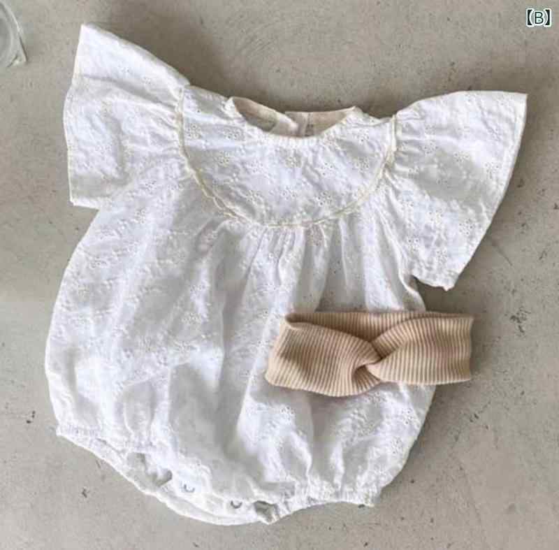 narukiのベビー 女の子 爬服 連体服 トップス 短袖 薄手 綿 夏 かわいい 甘め プリンセス 韓国風 翻領 切り抜き ハーネス 柄 ブラウン ホワイト 66cm 73cm 80cm 90cm 通気性 伸縮性 薄型 安全 1〜3歳｜アングル2