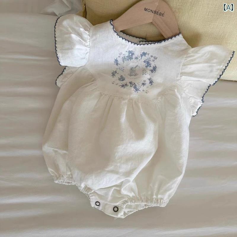 Overalls - ベビー 男女兼用 夏用 薄手綿 刺繍 泡泡袖 短袖 連体服 爬行服 ロンパース トップス 接触冷感 伸縮性 セットインスリーブ セットアップ 米白 ブルー 花柄 ピンク ライトピンク 柔らかい かわいい 普段使い 室内遊び アウトドア