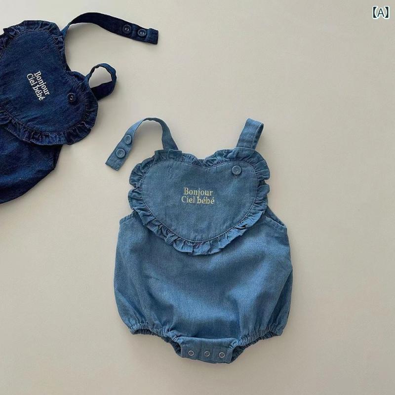 Overalls - ベビー 男女兼用 春夏 刺繍 デニム 半袖 背広爬服 連体服 綿素材 接触冷感 軽量 通気性 浅ブルー 短袖 キャミソール 普段使い 部屋着 66cm 73cm 80cm 90cm 100cm