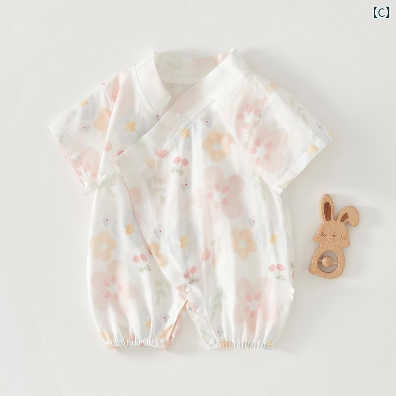 ベビー 連体服 男女兼用 短袖 薄手 再生繊維 竹繊維 ガーゼ 接触冷感 吸湿速乾 通...