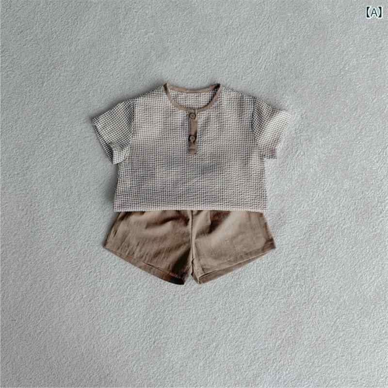 Other - キッズ 男女共用 夏 薄手 綿 短袖Tシャツ 短パン セット 格子柄 切り替え 柔らか素材 軽量 吸湿速乾 ピッタリフィット 73cm 80cm 90cm 100cm 浅色 ブラック 普段使い 通園 遊び着 カジュアルスタイル