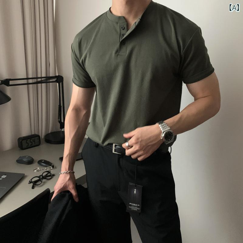 Pants - メンズ 短袖 Tシャツ ポロシャツ トップス 立領 韓国風 ゆったりシルエット 薄手 接触冷感 綿混 グリーン ブラック ホワイト 夏 日常 フィットネス 運動 硬派 スタイリッシュ