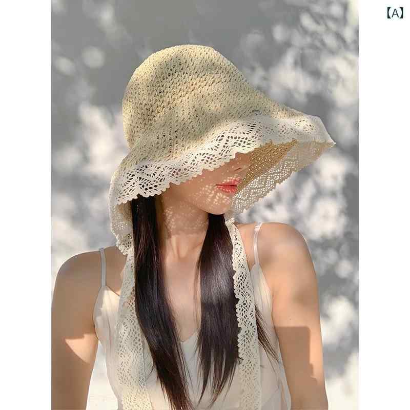 Knit Hat - 麦わら帽子 レディース 夏 遮陽 大つば レース 花柄 フレンチスタイル 漁夫帽 折りたたみ 防晒 透気 草編み 米色 卡其 ミルクホワイト ピンク 紫 リボン ストリーム ビーチ ハット 麦わら帽 カジュアル OL 通勤 ファッション シンプル レジャ