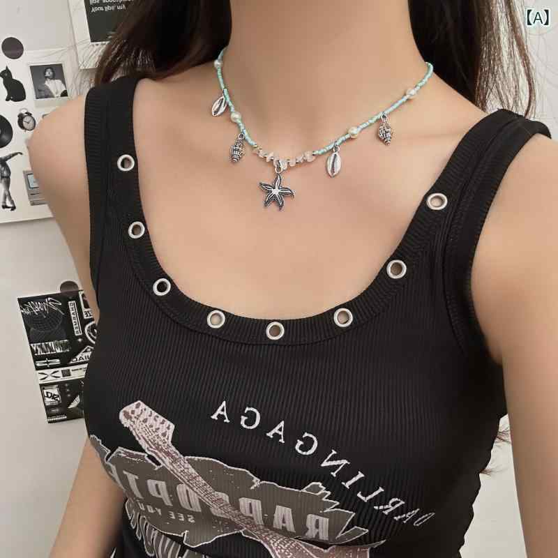 乐天商城 - ネックレス 海星 ビーズ 鎖骨チェーン 女性用 男女兼用 合金製 電気メッキ加工 軽量 几何デザイン 個性派 かわいい クール 甘め 春夏 トレンドアクセサリー 軽奢 高級感 動物モチーフ