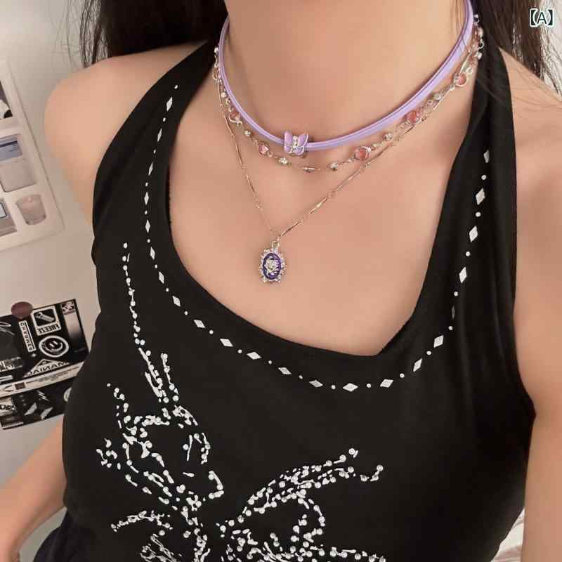 ネックレス 女性用 かわいい クール 紫色 鎖骨チェーン チョーカー 串珠 蝶モチーフ 多層重ね付け 合金製 電気メッキ加工 個性派 アクセサリー 軽量 夏 2025年 動物モチーフ トレンド レイヤード