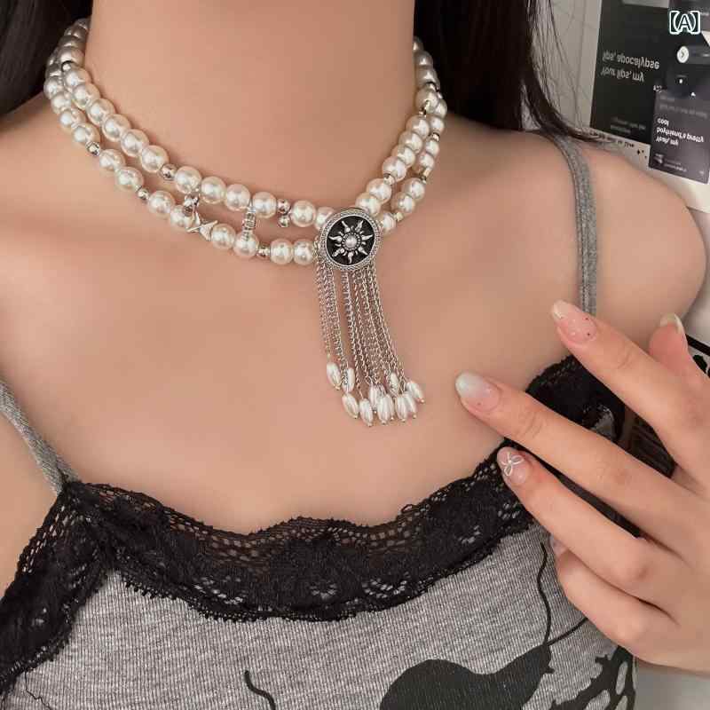 Necklaces, Pendants - ネックレス 女性用 ダブルレイヤー パール フリンジ チョーカー 気質 デザイン 高級感 鎖骨チェーン アクセサリー 合金製 電気メッキ加工 冷淡風 個性派 夏 流行 軽量