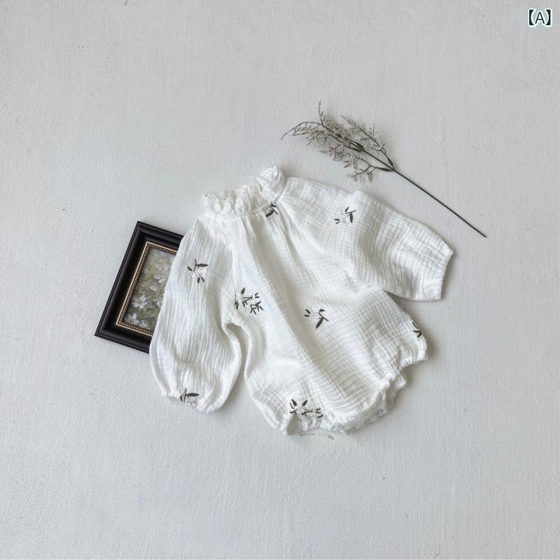 Overalls - ベビー 女の子 連体服 夏 春 接触冷感 綿 100% ガーゼ 刺繍 レース 花辺 長袖 三角クロール 暗扣 米白 無骨 薄手 安全 A類 かわいい 韓風 通気性 吸湿 肌触り抜群