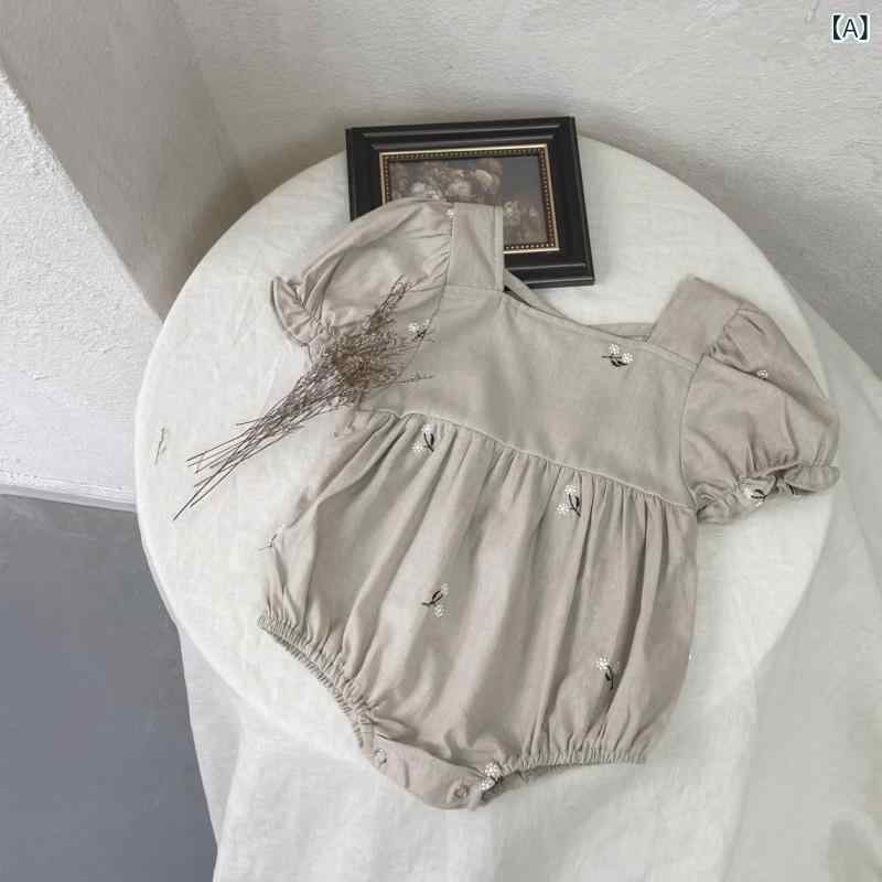 ベビー 女の子 夏 連体服 ロンパース 爬行服 綿 100% 短袖 泡泡袖 刺繍 かわいい プリンセス スタイル 灰色 杏色 薄手 柔らかい 通気性 伸縮性 安全 A 類 1-3 歳 66-90cm