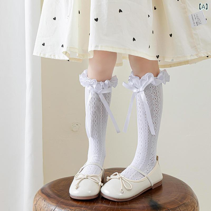 女児 中筒ソックス キッズ 女の子 春夏 ロリータ風 伸縮性 花柄 花辺 蝶々結び レ...