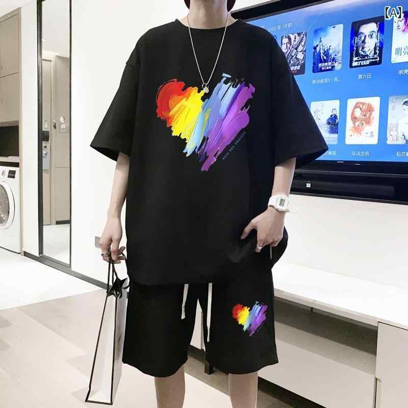 乐天商城 - メンズ 短袖Tシャツ 短パン セット 夏季 ハニカム編み 薄手 涤纶 ブラック ホワイト グレー 運動 港風 トレンド ミックス トップス ボトムス レイヤード 吸湿速乾 軽量 カジュアル 普段使い アウトドア ビッグシルエット