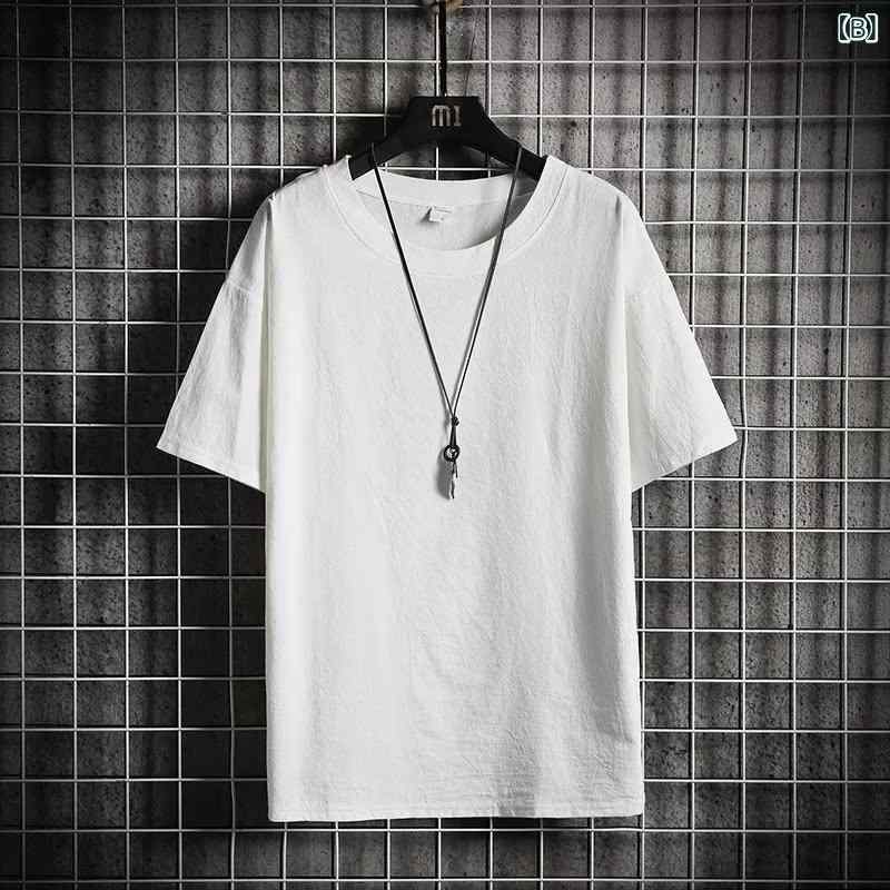 Tシャツ メンズ 短袖 綿麻 接触冷感 再生繊維 ポリエステル混紡 ゆったり ビッグシルエット 丸首 夏用 吸湿速乾 無地 ブラック ホワイト ベージュ グリーン グレー 日常 通勤 普段使い カジュアル トップス 半袖 2