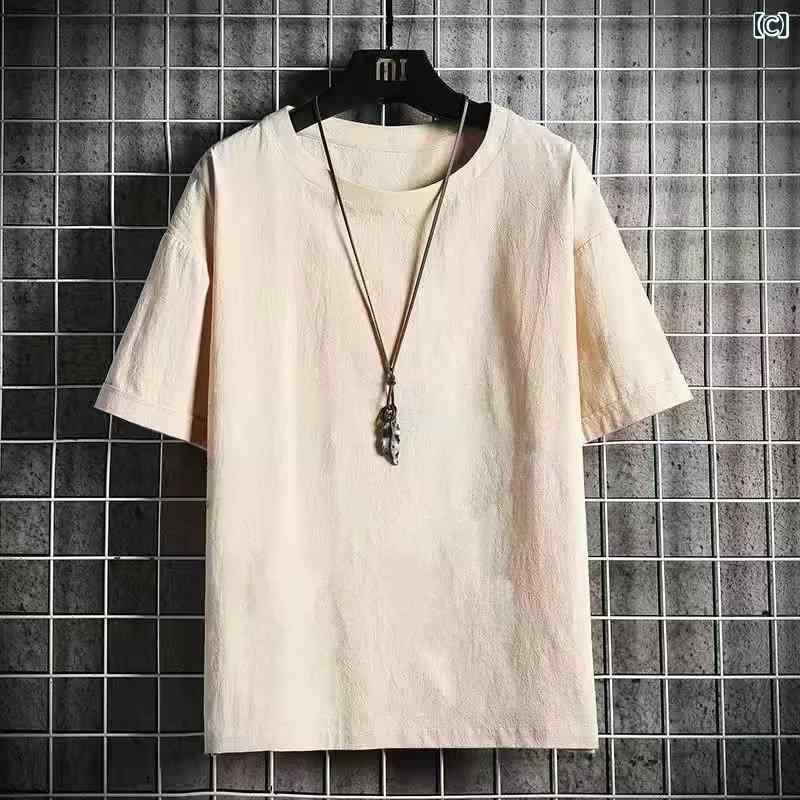 Tシャツ メンズ 短袖 綿麻 接触冷感 再生繊維 ポリエステル混紡 ゆったり ビッグシルエット 丸首 夏用 吸湿速乾 無地 ブラック ホワイト ベージュ グリーン グレー 日常 通勤 普段使い カジュアル トップス 半袖 3
