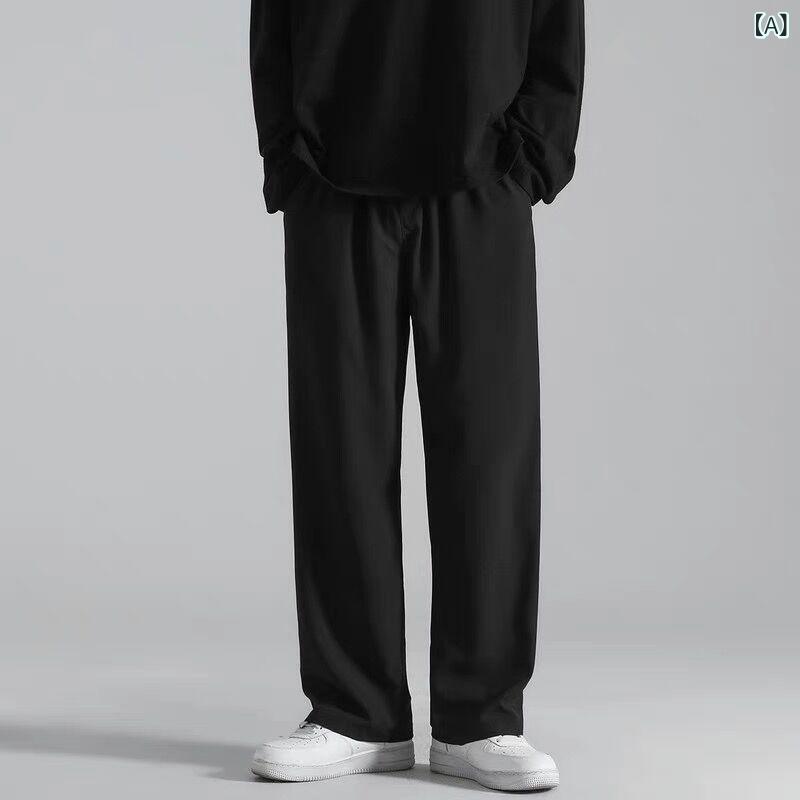 樂天商城 - メンズ ロングパンツ 夏 薄手 韓国風 トレンド ゆったり スポーツ 休闲 ワイドレッグ ストレート 垂感 接触冷感 西パンツ 純色 中腰 ノーアソビ ノーエラスティック ブラック グレー系 吸湿速乾 ノーアイロン 軽量 通勤 普段使い アウトドア
