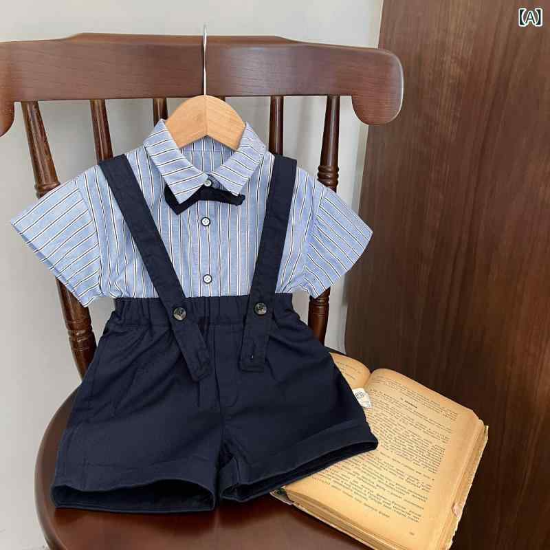 ベビー 男の子 夏 綿 短袖 シャツ 背広パンツ セット 薄手 柔らかい 条紋 チェック 韓国風 潮 短パン 1〜3歳 80〜100cm
