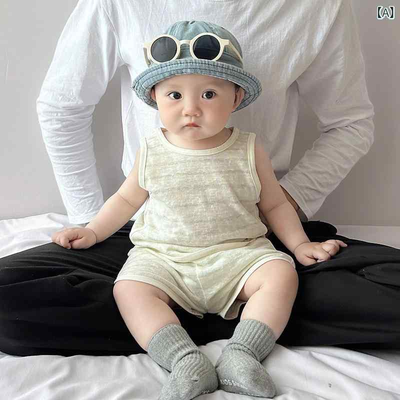 ベビー 男の子 夏 背心 セット トップス 短パン 綿 薄手 無袖 条紋 柔らかい 接触...