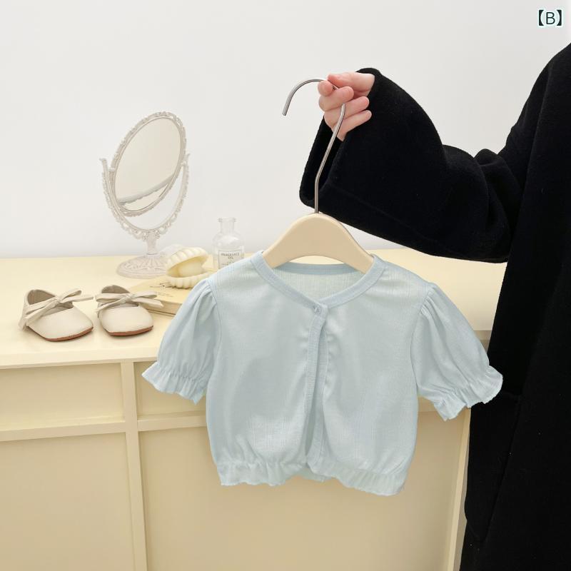 ベビー 女の子 短袖 中袖 防晒 外套 開襟 泡泡袖 薄手 涼感 トップス 短丈 丸首 単...