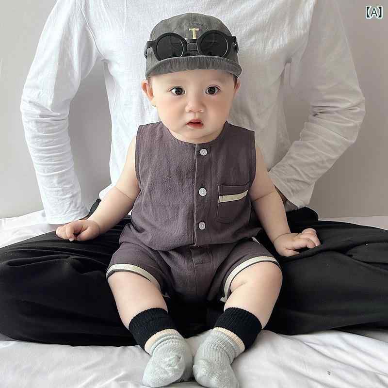 ベビー 男の子 連体服 短爬 夏服 無袖 綿 薄手 接触冷感 韓系 かわいい 爬行服 外...