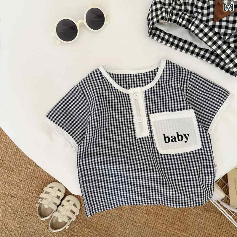ベビー 男児 トップス 短袖Tシャツ 格子柄 綿100 吸湿速乾 柔らかい肌触り 夏用 薄...