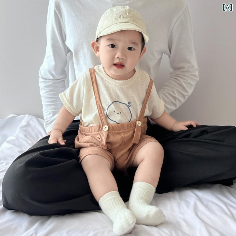 男児 背広ズボン セット 夏 キッズ ベビー 薄手 短袖 Tシャツ 短パン 2点セット 柔らかい 接触冷感 ポリエステル 涼しい ブルー カーキ かわいい カード 柄 字母 柄 レジャー カジュアル 普段使い 1〜3歳
