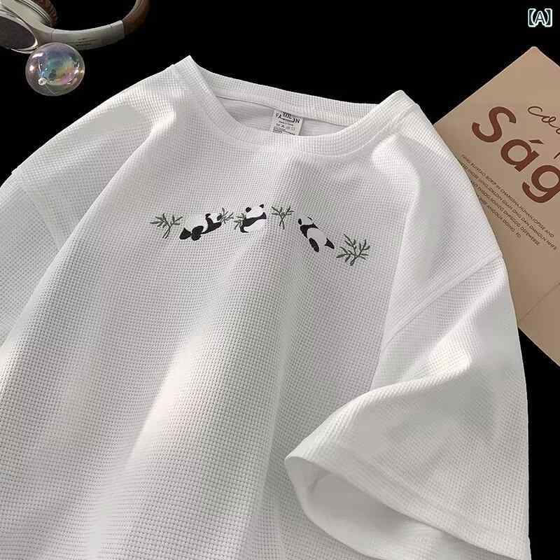 Rakuten - Tシャツ メンズ 夏季 半袖 ワッフル 格子 プリント トップス 丸首 ゆったり シルエット 情侣 日常 着用 涼しい ポリエステル 白色 ブラック 杏色 茶色 吸湿速乾 免烫 加工 青年 向け カジュアル シャツ ルーズフィット 中袖 無地柄 組み合わ