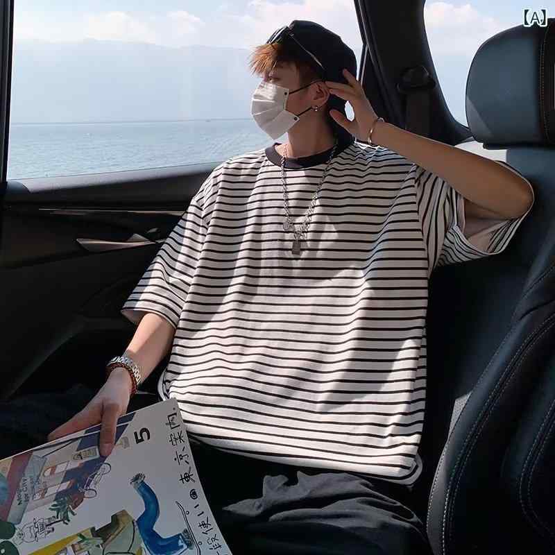・カテゴリ: Tシャツ・スタイル: 香港風・主な素材: ポリエステル99%・柄: ストライプ・シルエット: ルーズフィット・デザイン: プルオーバー・ネックライン: クルーネック・袖丈: 5分袖・袖タイプ: レギュラー・対象年齢層: 18-24歳・対象性別: 男性・デザイン詳細: パネルデザイン・加工: ノーアイロン加工・カラー展開: 細ストライプ、太ストライプ・サイズ展開: M、L、XL、XXL、3XL