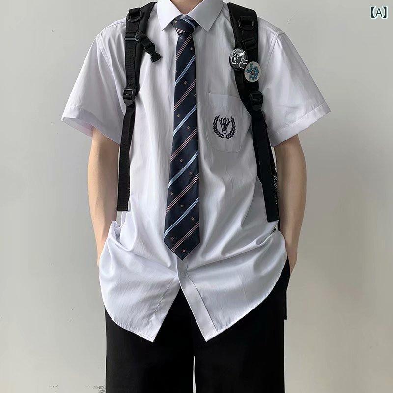 メンズ シャツ 短袖 白 学生服 制服 学院風 薄手 涼しい ポリエステル ポリエステル95 ゆったり ルーズフィット 開襟 翻領 無地 ポケット 夏 夏季 レジャー カジュアル 免烫 学生 青春 男女ペア