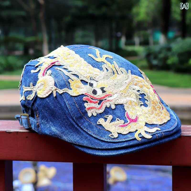 キャップ メンズ レディース 民族風 龍柄 刺繍 鴨舌帽 牛仔帽 綿麻素材 デニム生地 深青 ゴールド ブルー パープル グレー 夏用 通気性 防風 遮陽 短つば 丸頂 調整可能 春夏 旅行 記念 普段使い アウトドア 軽量 吸湿速乾 復古風 カジュアル