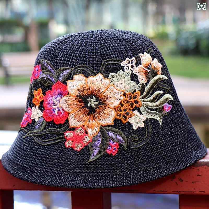 Rakuten - 水桶帽 女性用 民族風 刺繍 漁夫帽 かわいい 米色 卡其色 夏 接触冷感 腈纶 透気 防風 遮陽 短檐 丸頂 切り替え 清新 甘美 国風 ラッキーアイテム