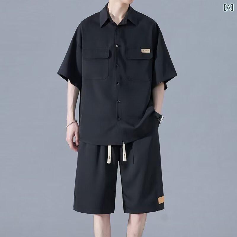 Pants - メンズ 短袖Tシャツ セット 短パン 接触冷感 綿素材 運動 普段使い 通勤 軽量 吸湿速乾 伸縮性 ブラック 米白 カフェオレ 春夏 秋冬 通年