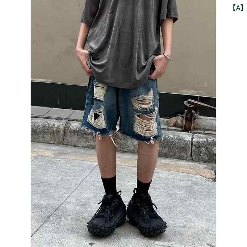 乐天商城 - メンズ デニム ショーツ 夏用 薄手 綿素材 水洗加工 ワイド ルーズ 直筒 ミディアム丈 中腰 ジッパー 微弾性 深藍色 日常 普段使い カジュアル ストリート 破れ加工 毛羽立ち デザイン 免烫処理