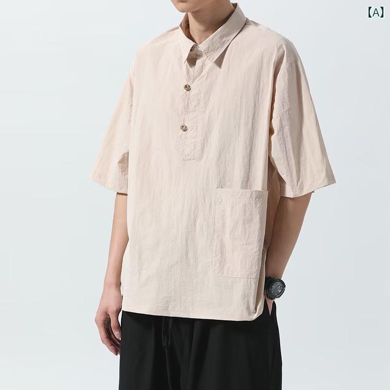Pants - シャツ メンズ レディース 男女兼用 日系 復古 ワーク 半袖 開襟 ポロ トップス ゆったり ルーズ ワイド シルエット コットン 混紡 防水 耐磨 防汚 色牢度 高 免烫 提花 純色 米白色 紺色 通勤 普段使い カジュアル 日常 春夏 秋冬 通年