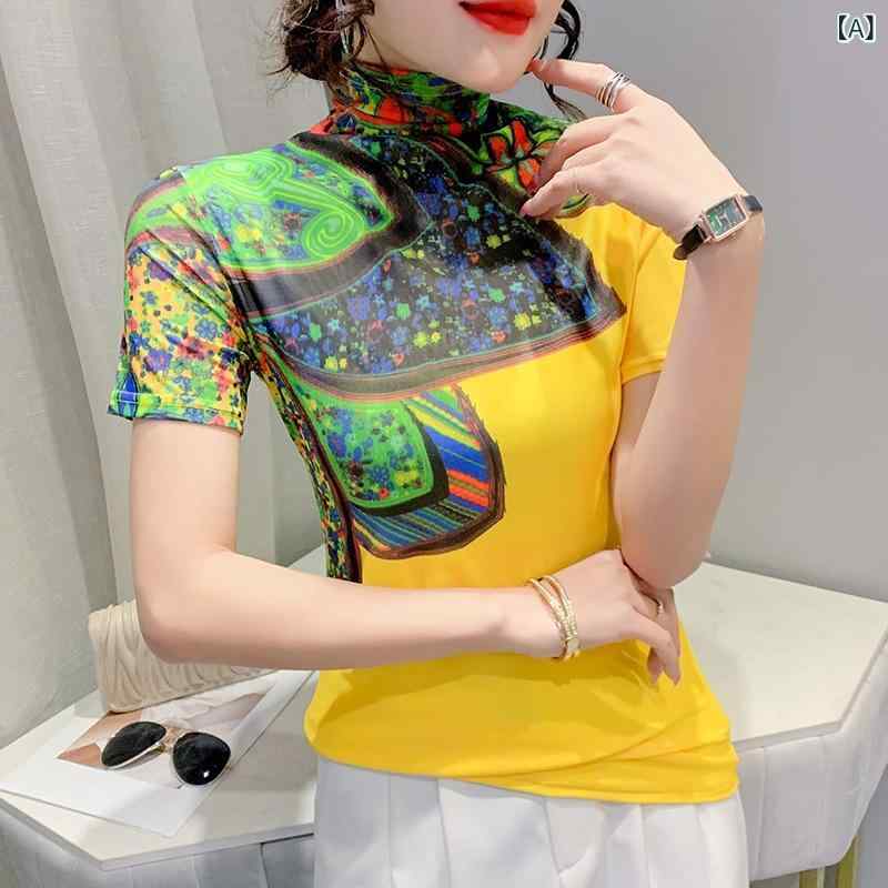 Other - Tシャツ レディース 春夏 高領 短袖 網紗 切り替え トップス 修身 プリント 幾何柄 セットインスリーブ かわいい プリンセス風 甘め 清新 緑 黄色 ブルー ホワイト パープル ブラック ポリエステル 普段使い 通勤