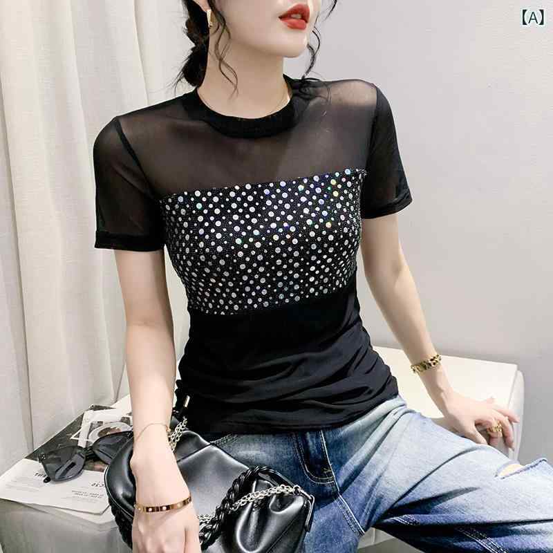 Three-Quarter - Tシャツ レディース 春夏 丸首 メッシュ 切り替え 短袖 亮片 修身 インナー トップス 銀色 ブラック ナイロン 3D 刺繍 日常使い 快適 伸縮性 ハイネック ラウンドネック フィットシルエット