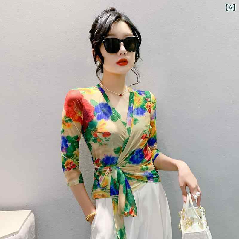 Tシャツ レディース 夏 防晒 修身 Vネック 中袖 系帯 花柄 網紗 切り替え 立体装飾 3D 植物柄 セットアップ 七分袖 ニット ナイロン 接触冷感 吸湿速乾 軽量 通勤 普段使い 日韓 カジュアル