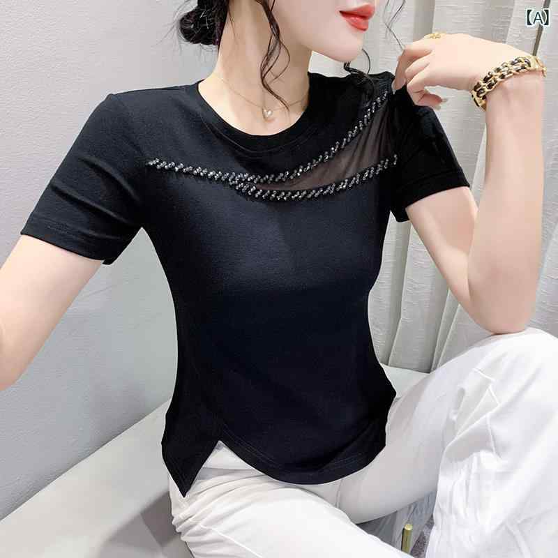 Tシャツ レディース 夏 短袖 トップス 修身 切り替え 網ヤヤ レース 透け感 穴開き 不規則 裾 デザイン 釘珠 装飾 丸首 セットアップ ニット ジャージ 生地 ブラック グリーン パープル 紫 緑 黒 欧米風 日韓 カジュアル スタイル 快適 普