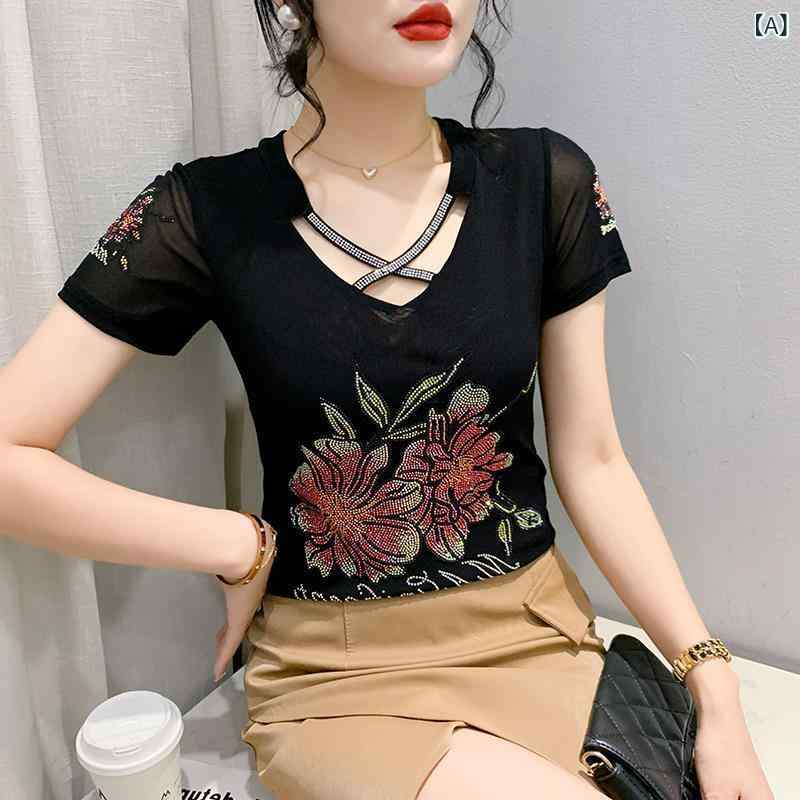 Tシャツ レディース 短袖 Vネック 修身 二層 網纱 切り替え 接触冷感 ジルコニア 装飾 透け感 レースアップバック ブラック ブルー 夏 春夏 日韓カジュアル 普段使い 吸湿速乾 伸縮性 軽量 トップス