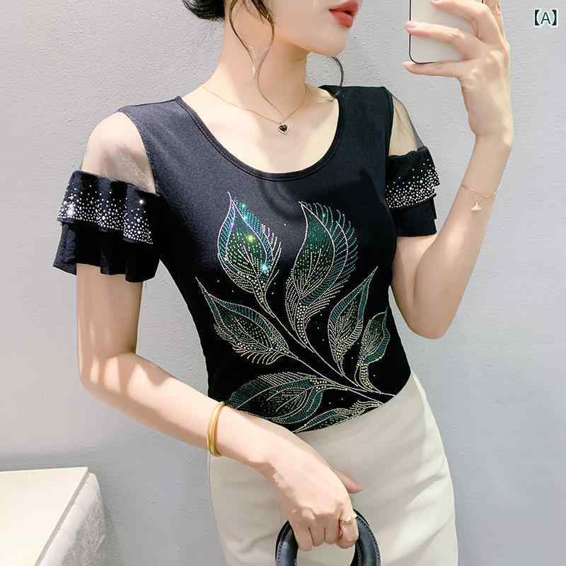 乐天商城 - Tシャツ 女性用 夏 短袖 荷葉袖 修身 丸首 切り替え 網纱 レース レースアップ フラワー柄 植毛 透け感 ラインストーン バックオープン ブラック 紫 接触冷感 吸湿速乾 軽量 日韓カジュアル 普段使い 通勤