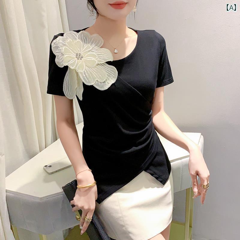 樂天商城 - Tシャツ 女性用 夏 短袖 不規則 斜領 修身 切り替え 網纱 錦纶 ブラック 赤 杏色 ブラウン 日韓カジュアル 快適 立体装飾 潮流 上衣 トップス 普段使い 軽量 吸湿速乾