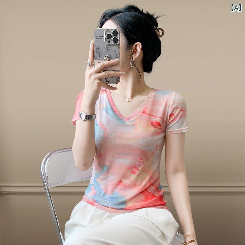 Three-Quarter - Tシャツ レディース 春夏 短袖 Vネック 修身 網纱 印花 花柄 植物柄 3D かわいい 甘め 姫系 清新 軽量 通勤 普段使い トップス ブラウス