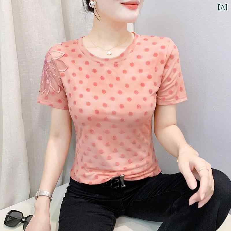 Garments - Tシャツ 女性用 春夏 ピンク イエロー 波点 丸首 レース メッシュ PVC素材 短袖 修身 インナー 普段使い 清新 かわいい トップス シャツ ブラウス 切り替え 吸湿速乾