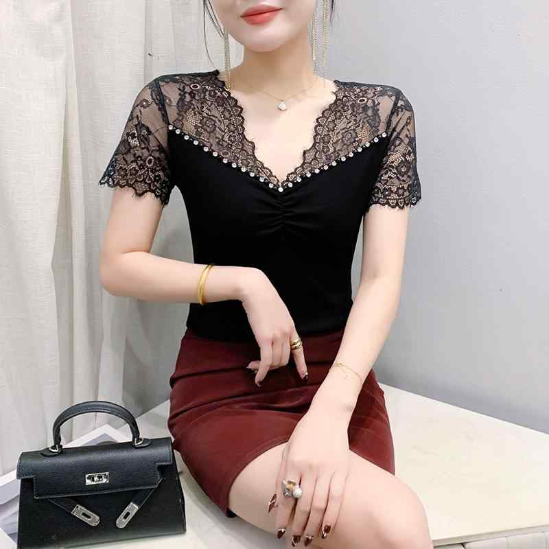 乐天商城 - Tシャツ 女性用 春夏 短袖 Vネック 修身 切り替え レース 花柄 刺繍 印花 ローベル ブラック 墨緑 かわいい プリンセス フレッシュ スイート 軽量 通勤 普段使い トップス