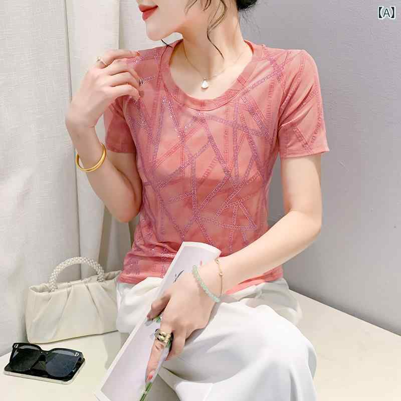 乐天商城 - Tシャツ 女性用 春夏 ピンク ブラウン イエロー 丸首 短袖 修身 切り替え 網纱 伸縮性 接触冷感 ニット ジャージ ニット混紡 再生繊維 ライン トップス インナー 普段使い 日韓風 カジュアル 軽量 吸湿速乾
