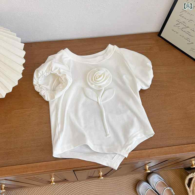 女の子 Tシャツ 短袖 丸首 立体バラ花柄 綿 夏 かわいい トップス 子供服 女児 普段使い 軽量 吸湿速乾 通学 カジュアル ホワイト グレー ブラック