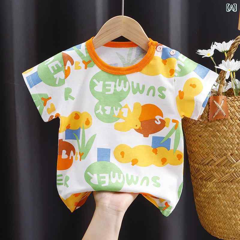 キッズ Tシャツ 女児 男児 ベビー 子供 短袖 トップス 丸首 夏 綿 100% 柔らか素材 吸湿速乾 動物柄 条紋 プリント カラフル カジュアル 普段使い 通園 通学