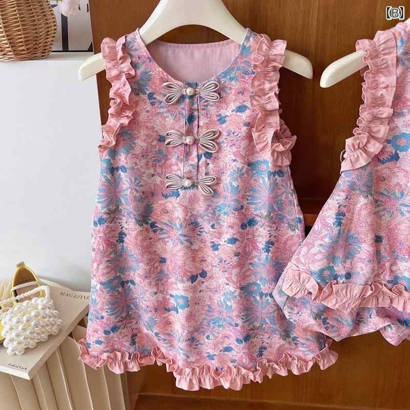 女児 チャイナドレス セット 夏 無袖 トップス かわいい 花柄 フリル 短パン 薄手 ...